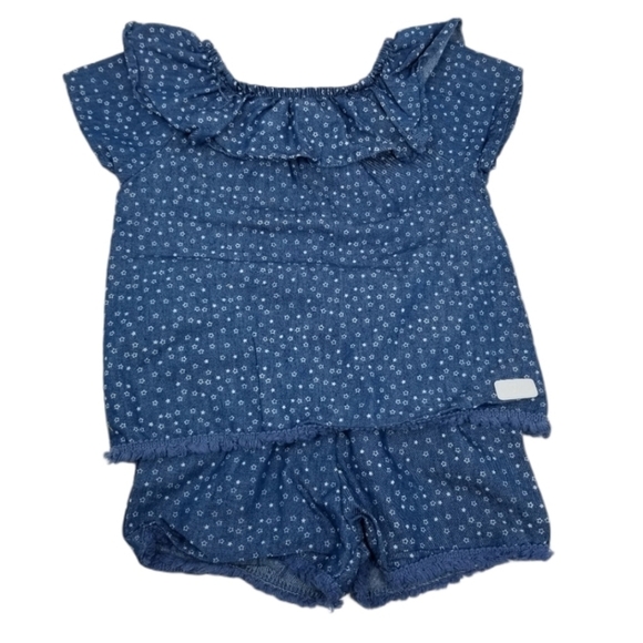 7 For All Mankind Other - 7 For All Mankind Short Sleeve Top 3T & Short 3T Denim Ruffle Fringe Hem Print